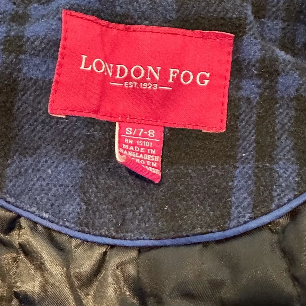 Girls 7-8 London Fog Military Style Blue and Black Tartan Plaid Coat Jacket